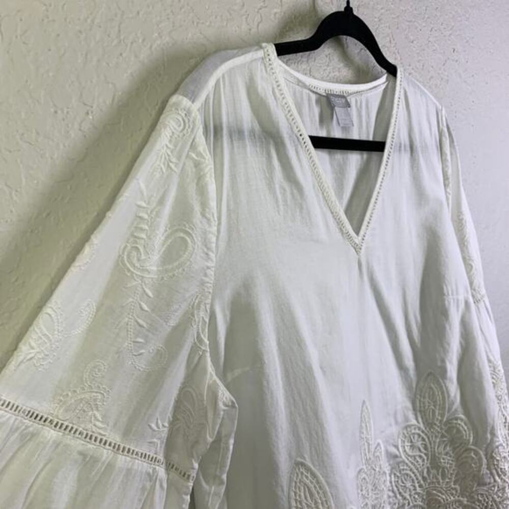 CHICO'S Blouse Embroidered‎ Lace Cutout V-Neck Quarter Sleeve Boho Cottagecore - Picture 9 of 14